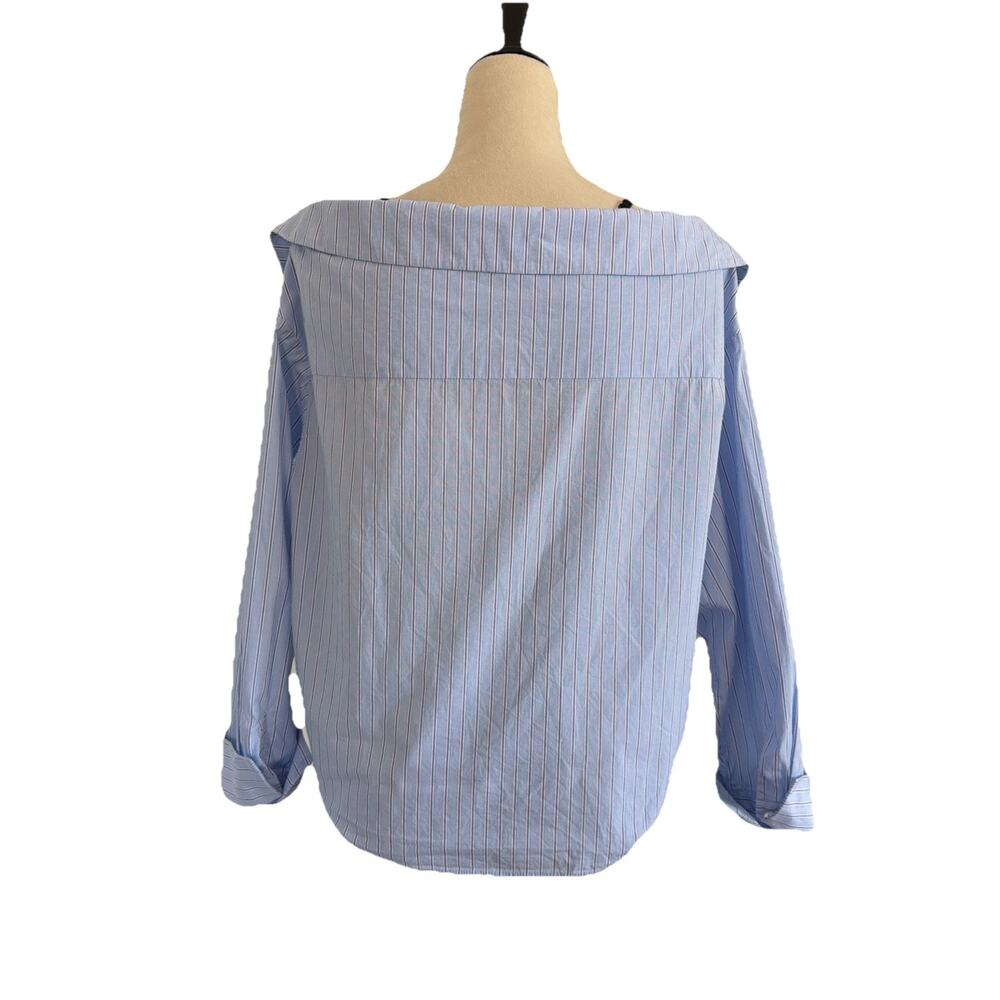 Urban Revivo Layered Shirt Size 10 Blue Pinstripe Black Lace Detail Off Shoulder - Picture 3 of 11